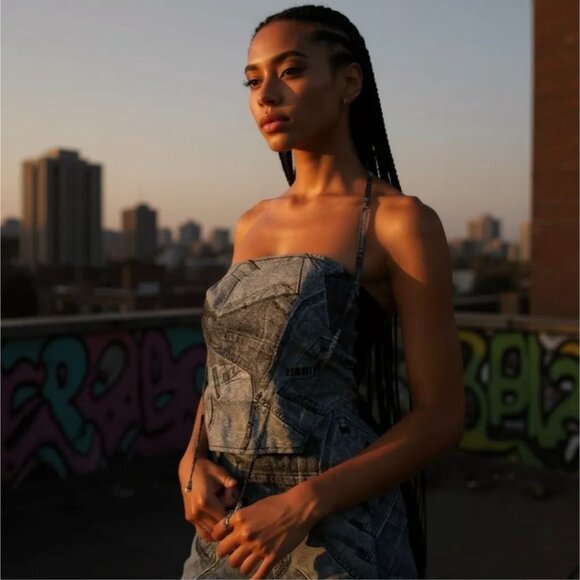 Y2K Denim Patchwork Halter Crop Top by Zemeta – Adjustable Tie Edition NWT L - Picture 3 of 6